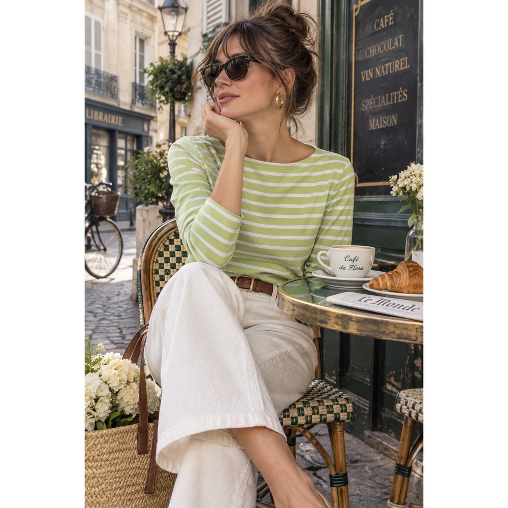 Saint James Lime Green White Striped Long Sleeve Breton Top Made in France L